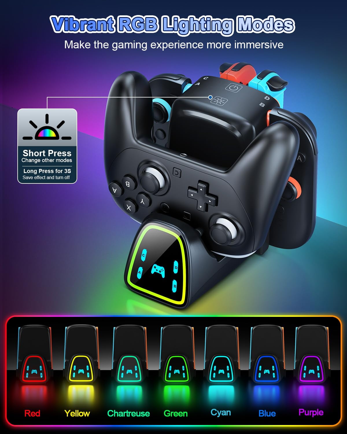 Controller Charging Dock for Nintendo Switch 2/Switch 1/OLED Controller Fast Charger Station for Joy Con 2&1 and Pro Controller 2&1 Charger Accessories with RGB Light Black