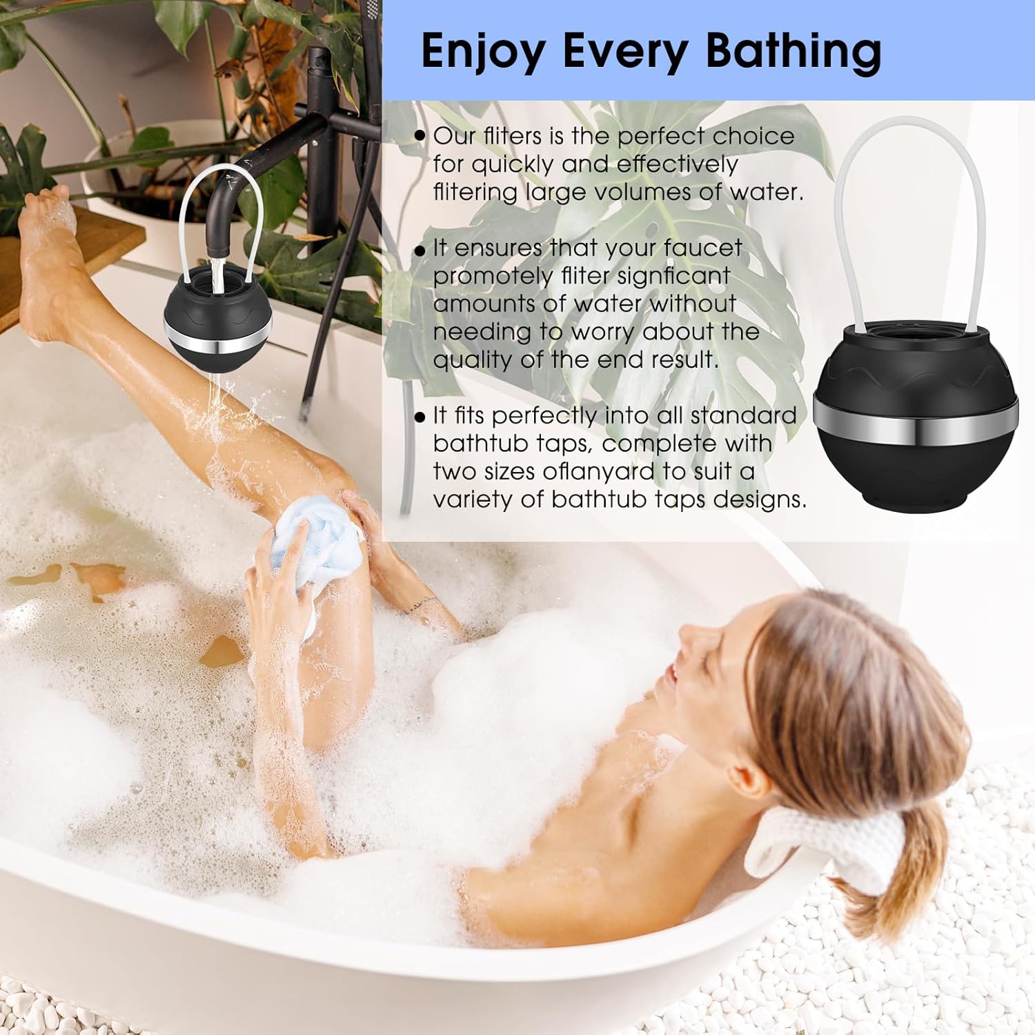 Bath Filter for Tub Shower Water Filter with Overflow Filter for Bathtub Bath Water Filter 2500 Gallons Removes Contaminants & pH Balancer Improved Skin Hair and Nail Condition