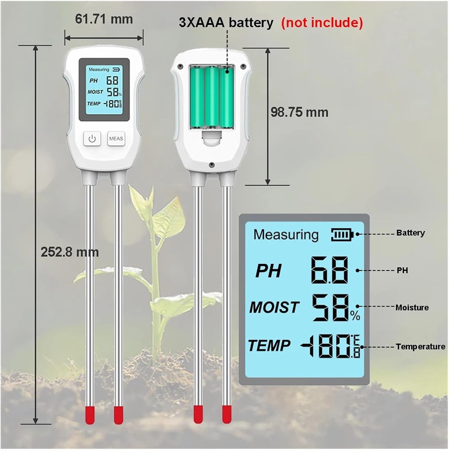 3-in-1 Soil Meter Digital Plant Temperature/Moisture/PH Meter Accuracy Digital Display Soil Tester Gardening Lawn Farm Test Kit Tool for Gardening Farming Indoor & Outdoor Use