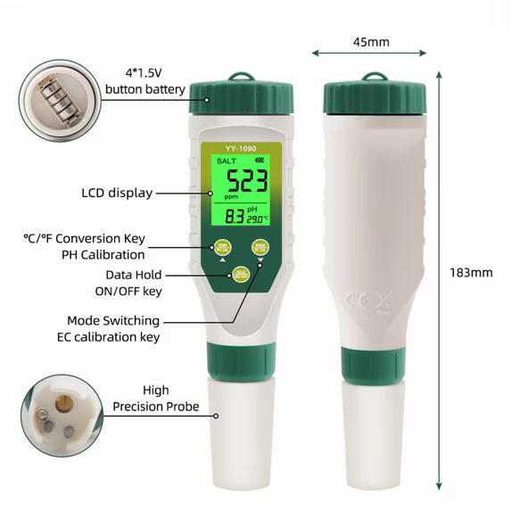 Pool Salt Tester, Water Tester 5 in 1 TDS EC Salinity Water Temperature pH Meter, Digital Salinity pH Meter for Swimming Pool, Saltwater, Sea Water, Aquarium, Fish Tank