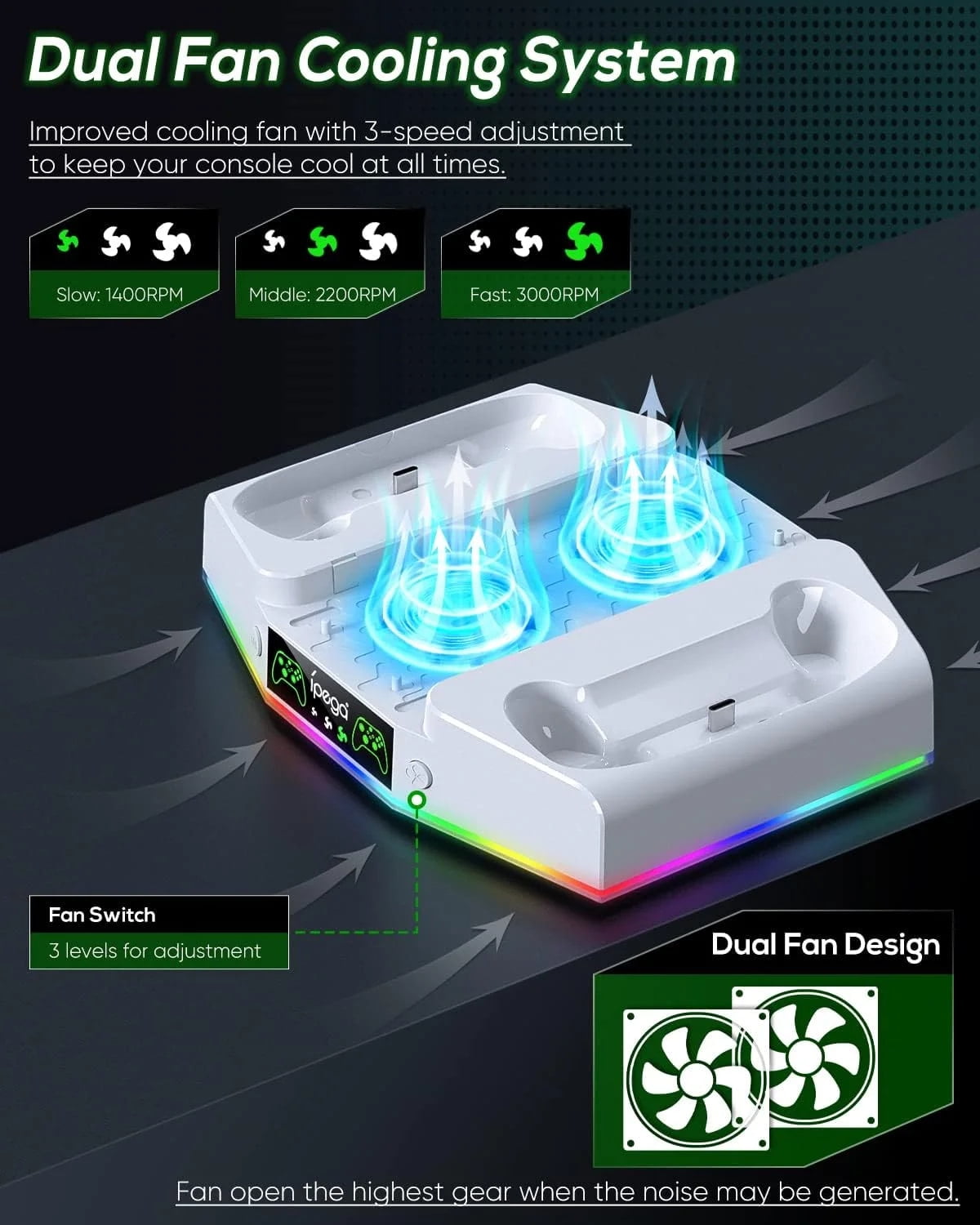 Cooling Stand & Charging Station for Xbox Series S with RGB Light - Dual Controller Charger & Cooler Fan for Xbox Series S Accessories with 2*1400mAH Batteries and Headphone Hook