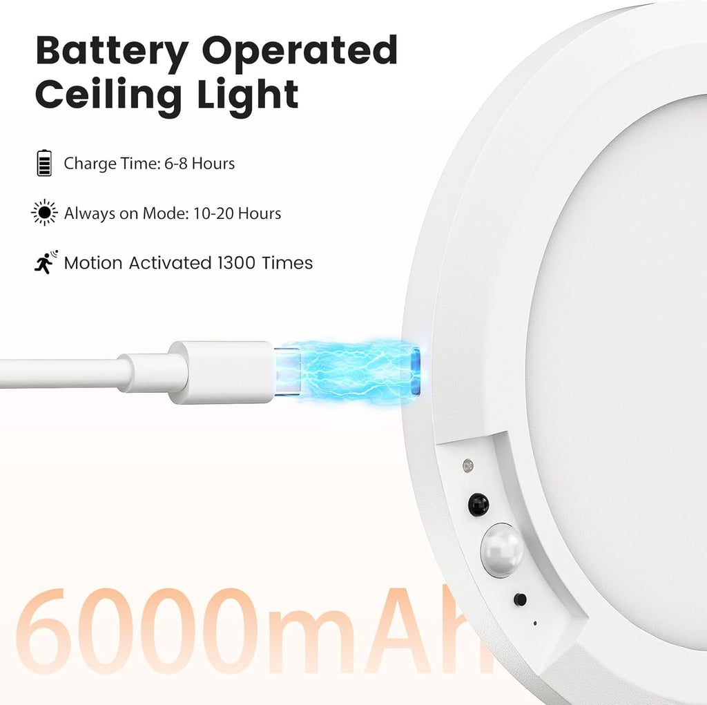 Rechargeable Ceiling Light No Wiring Battery Operated Ceiling Lights with Remote Motion Sensor Dimmable Timing Motion Activated Overhead Shower Light for Bathroom Pantry Hallway Porch，1PCS