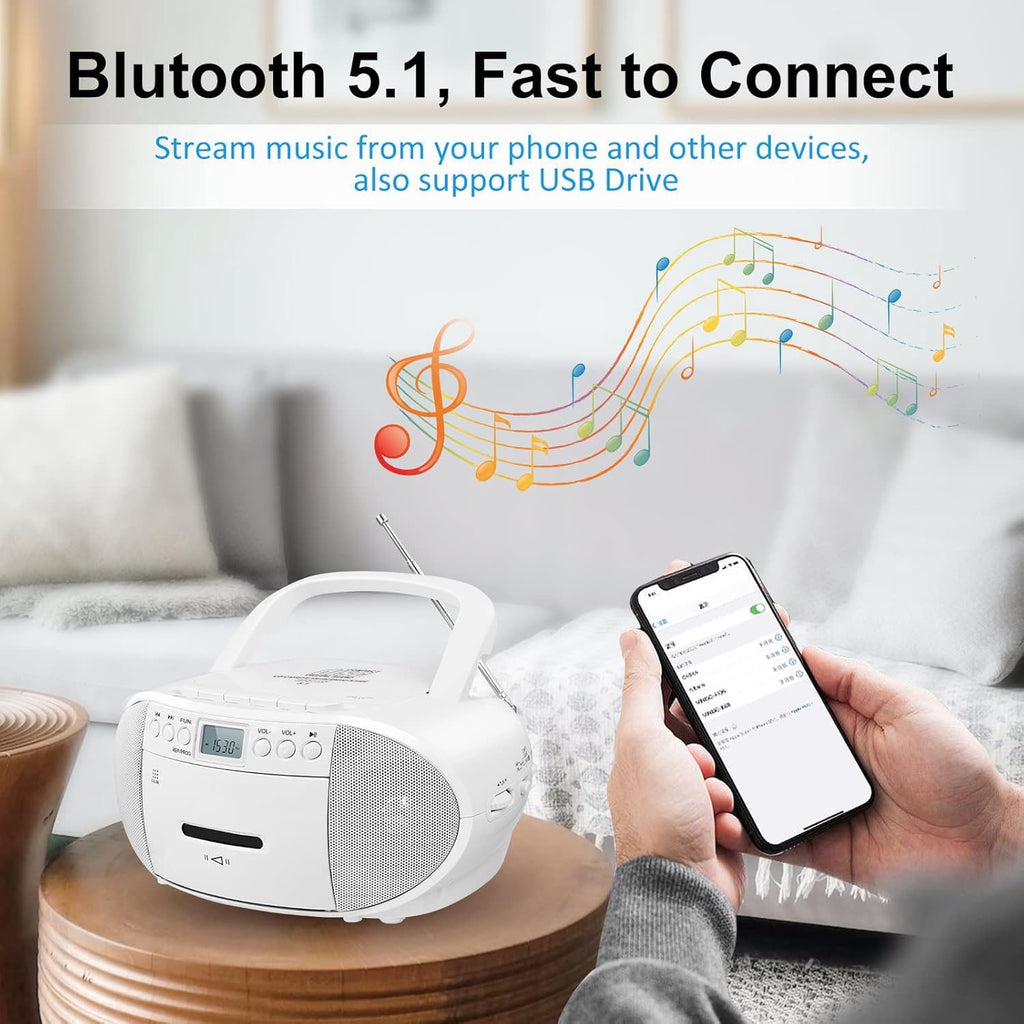 Prociv CD Player Boombox with Cassette Player Bluetooth AM/FM Radio Stereo Sound with Remote Control AUX/USB Drive Tape Recording AC/DC Powered Headphone Jack LCD Display for Home Senior Child Whi