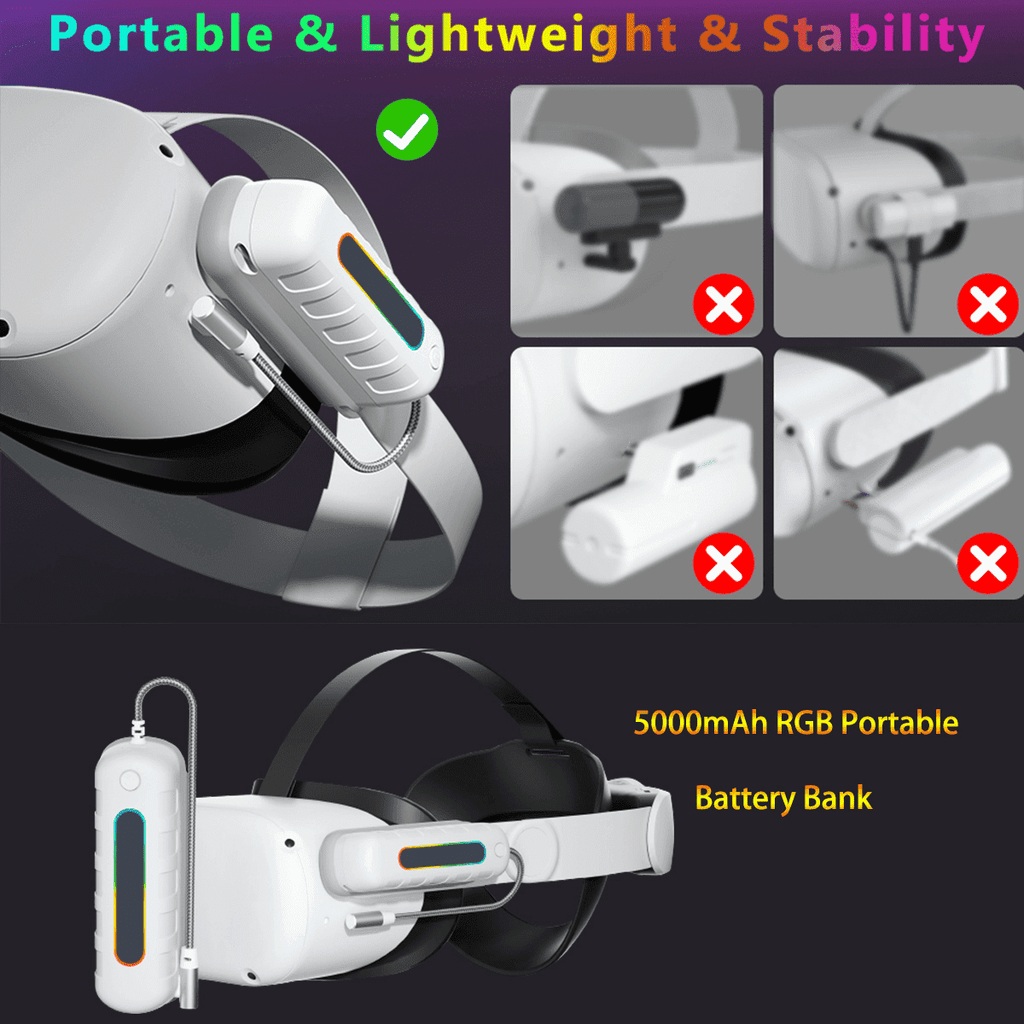 Battery Pack for Oculus Quest 2/3/3S RGB Light 5000mah Battery Pack For Meta Quest 2/Quest 3/Quest 3S VR Mini Power Bank High Speed VR Extend Battery Accessories Extra 2H-4H Playtime