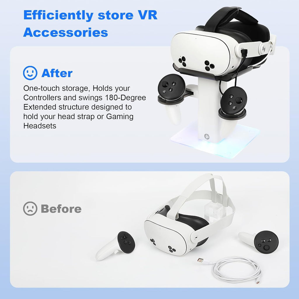 VR Stand Headset Charging Dock for Quest 3S/Quest 3/Quest 2 VR Headset Display Stand and Stable Bracket Storage Base Bottom RGB LED Light